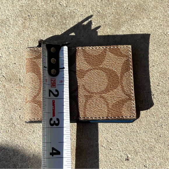 Coach Slim Clip Billfold Card Hold Wallet Brown Classic Canvas Blue Leather - Picture 10 of 12